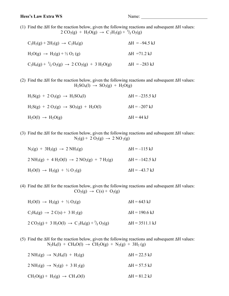 Hess S Law Additional Practice Problems Worksheet Answers
