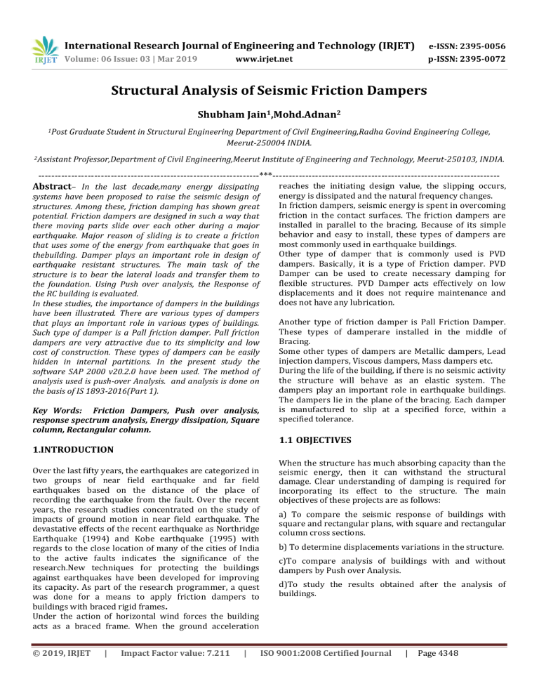 IRJET-Structural Analysis of Seismic Friction Dampers