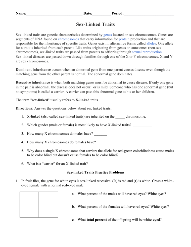 Sex Linked Traits Reading And Worksheets 2453