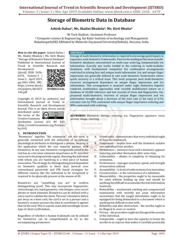 Storage of Biometric Data in Database