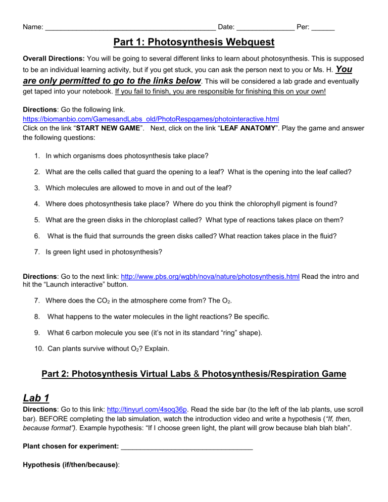 Photosynthesis Webquest Answer Key Science Is Real