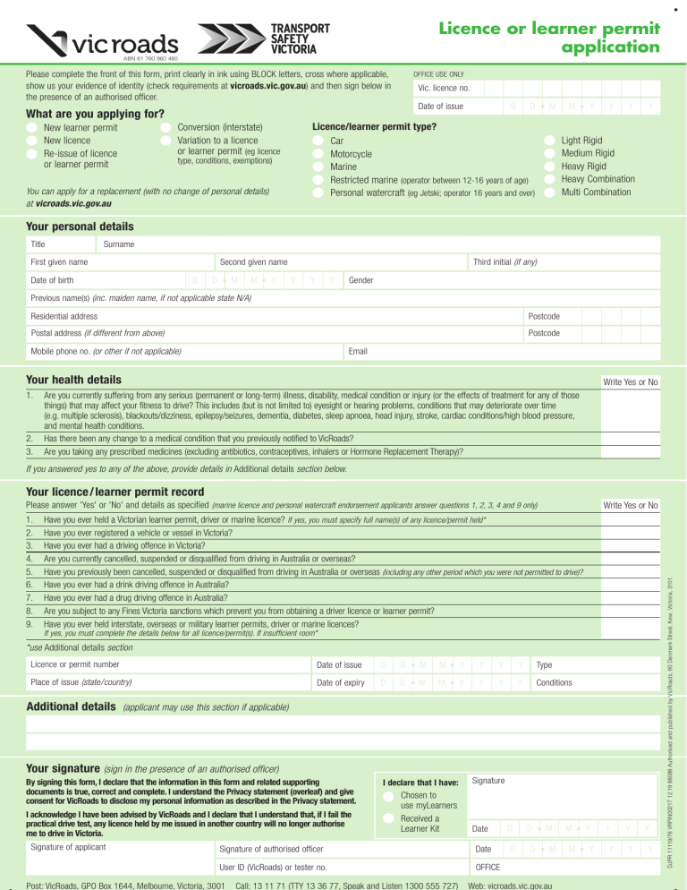 Licence or learner permit application