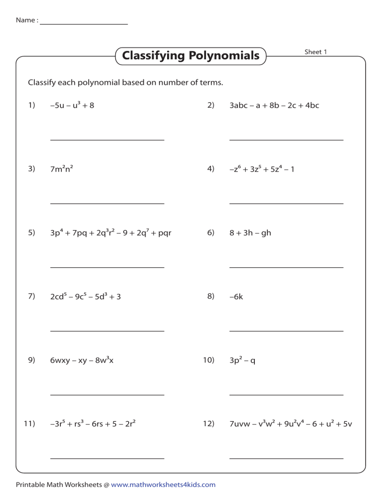 Classifying Polynomials Worksheet Classifying Polynomials Worksheet