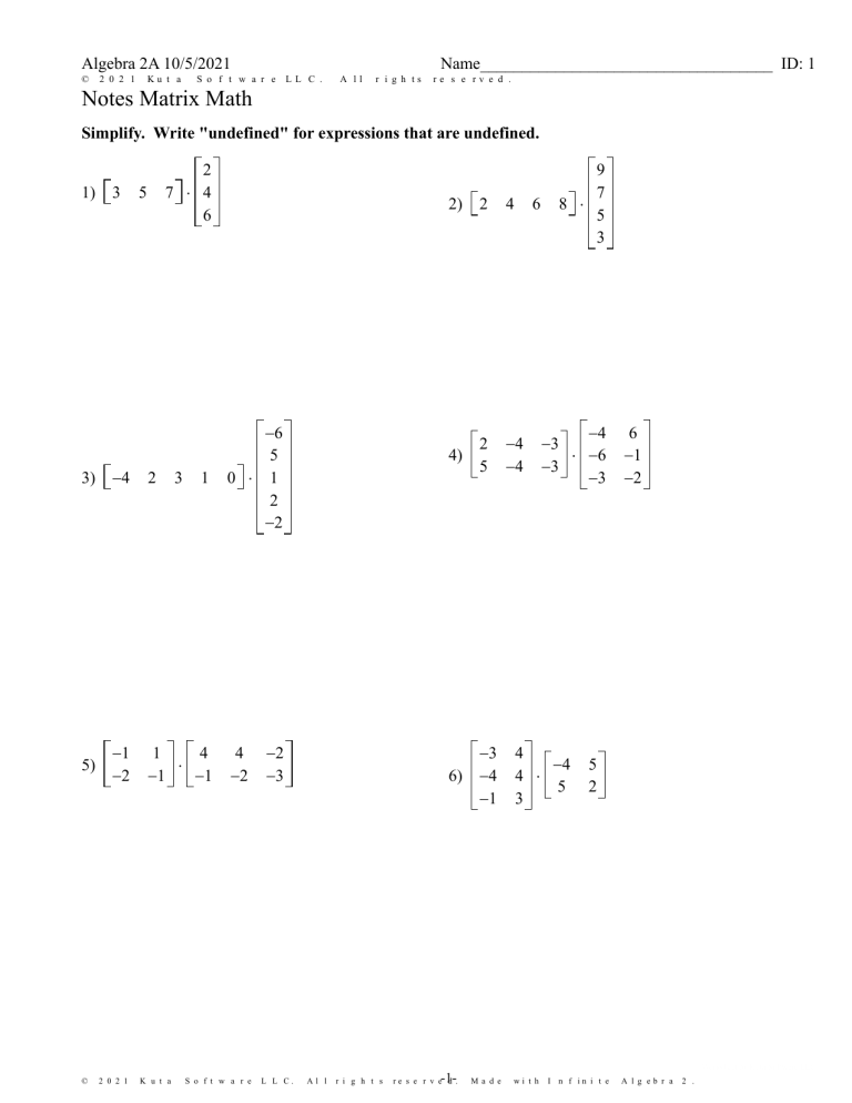 Matrix Math Worksheet: Algebra 2 Practice