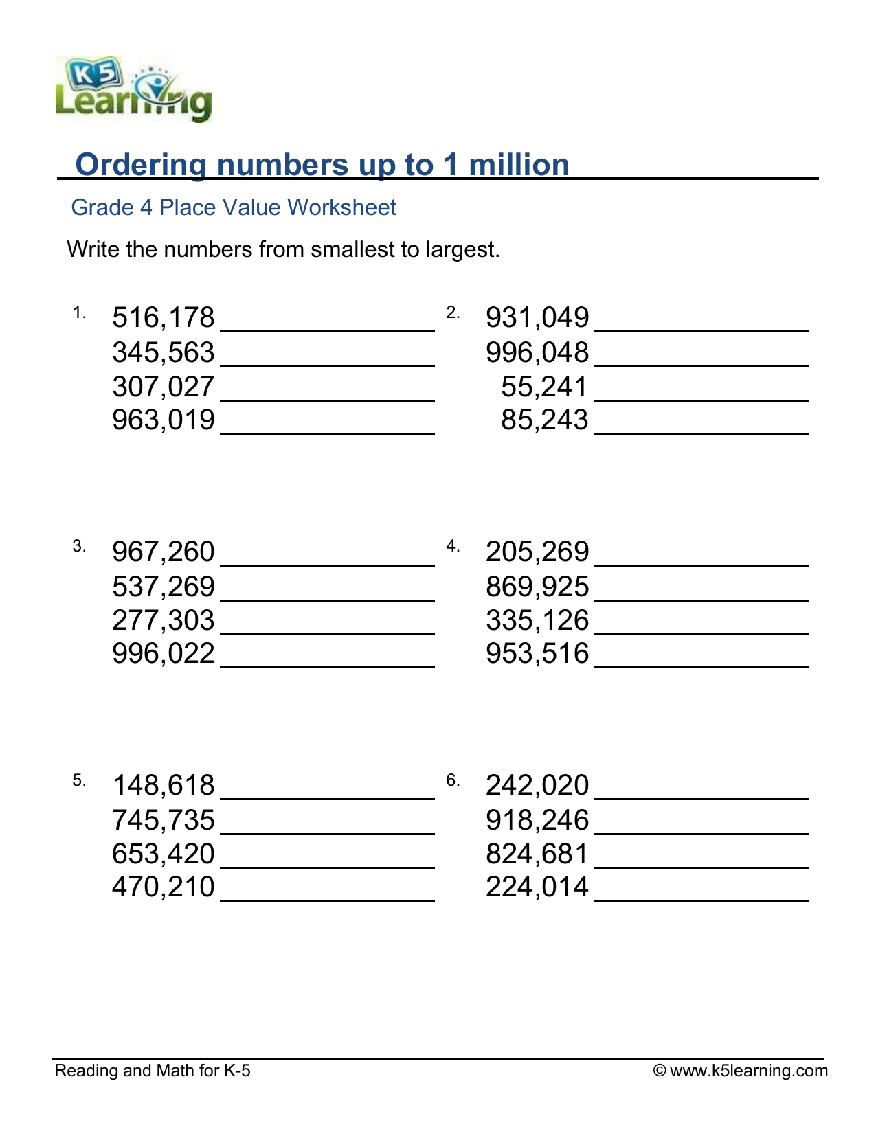 grade 4 ordering numbers