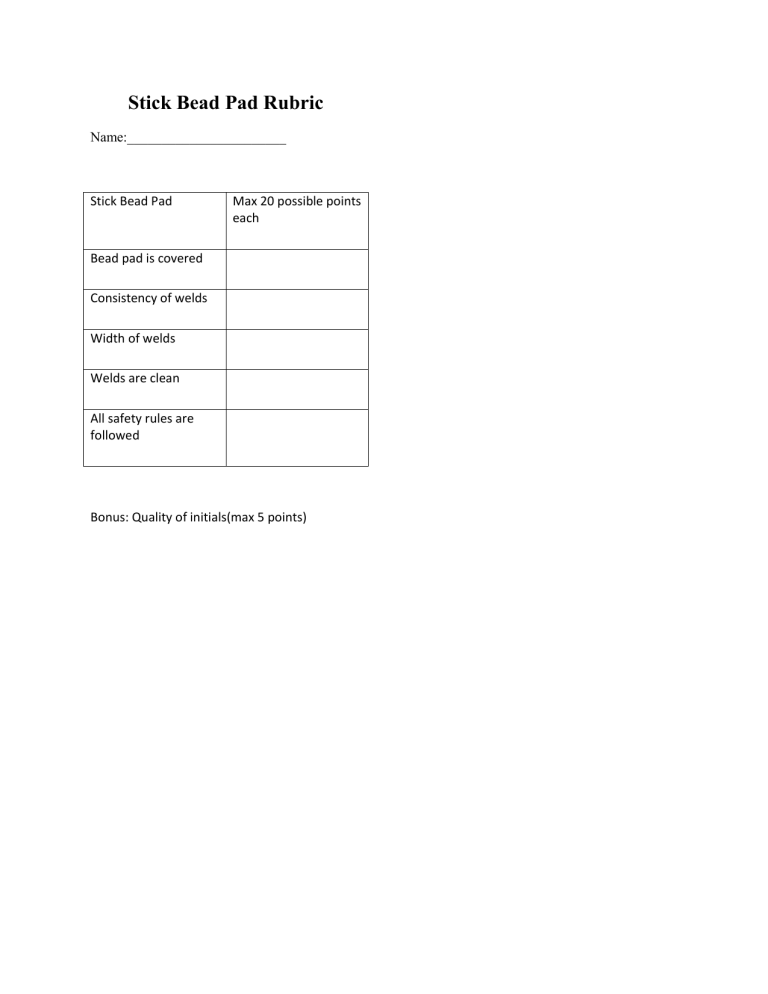 Stick Bead Pad Rubric