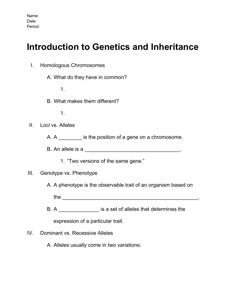 Fill In Genetics Notes