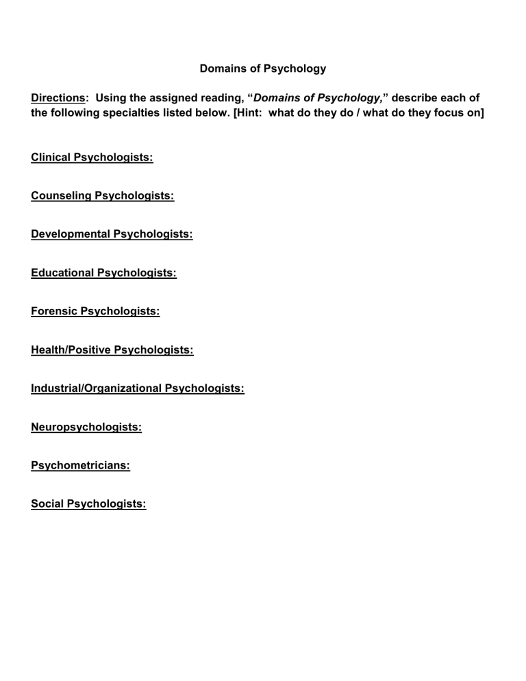 Domains of Psychology Worksheet