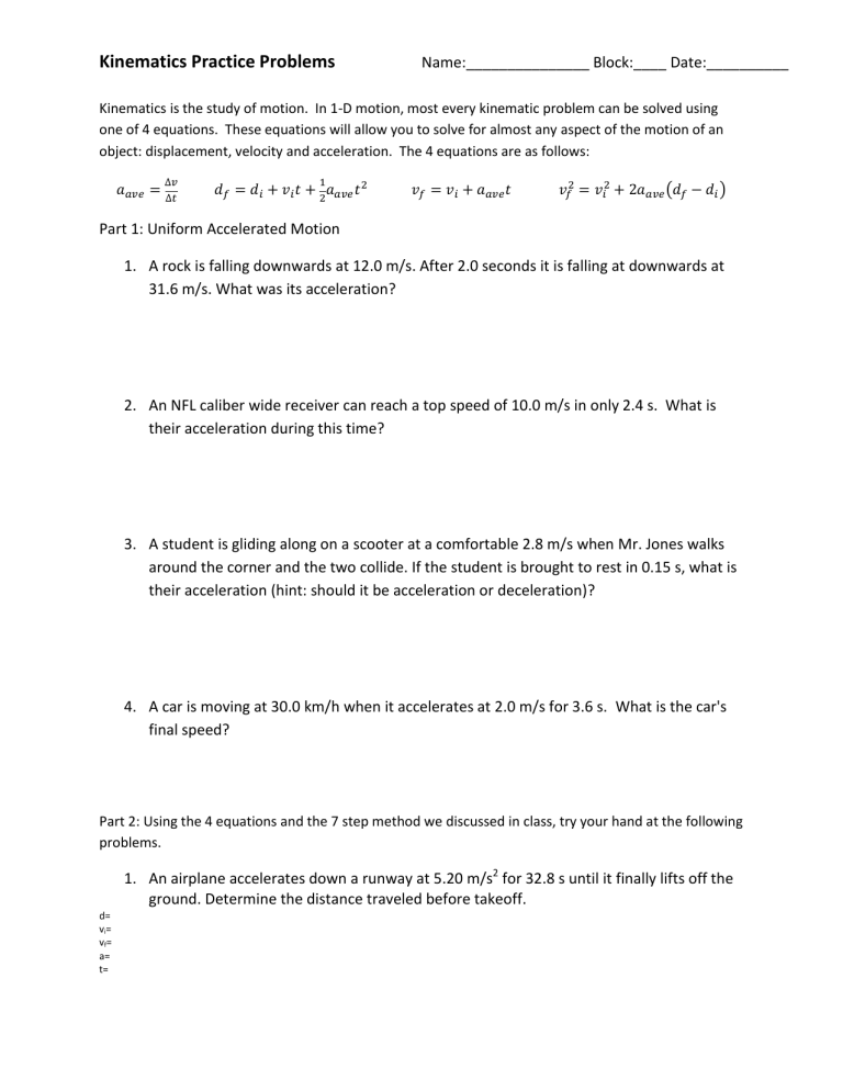 Kinematics Worksheet Multiple Choice