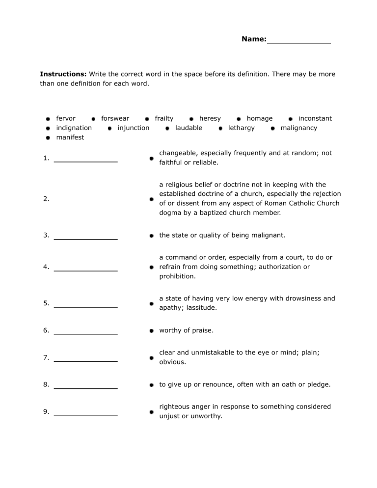 Twelfth Night Vocabulary