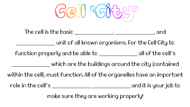 Cell City Worksheet: Organelles & Functions