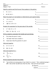Algebra 2 Chapter 1 Test - Form A