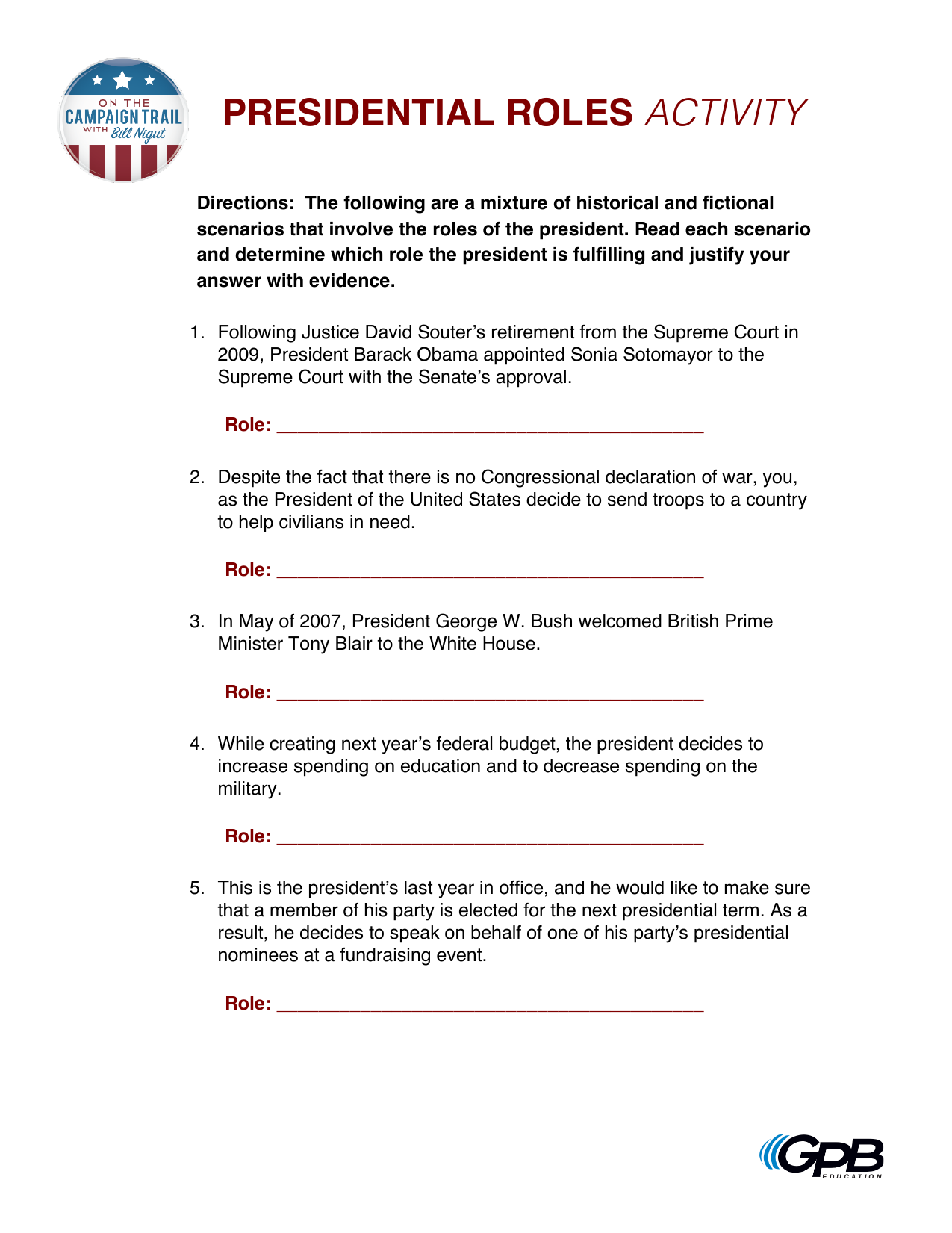 Roles Of President Worksheet