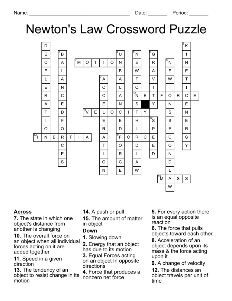 Newtons Law Crossword Puzzle Answer Key 309a3 6163336c