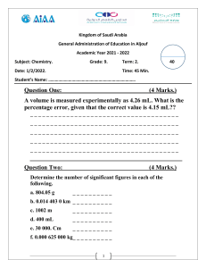9th Grade Chemistry Exam: Measurement & Calculations