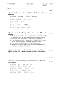 Chemistry Worksheet: Reactions & Equations