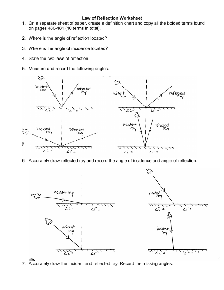 Law of Reflection Worksheet