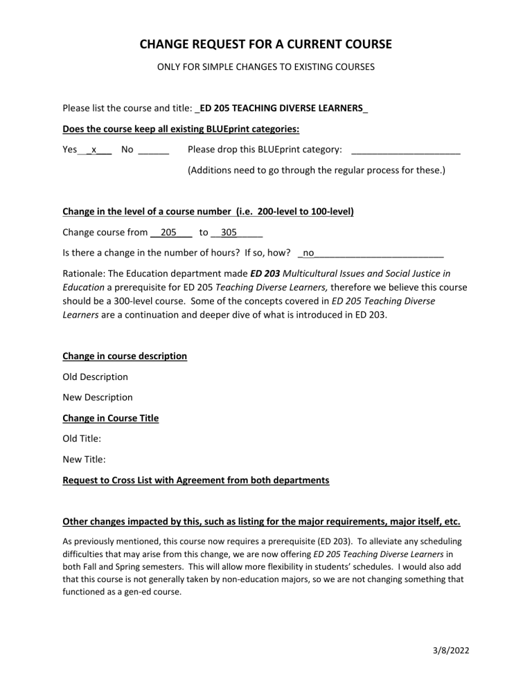 Course Change Request: ED 205 Teaching Diverse Learners