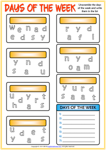 days of the week vocabulary esl unscramble the words worksheet for kids