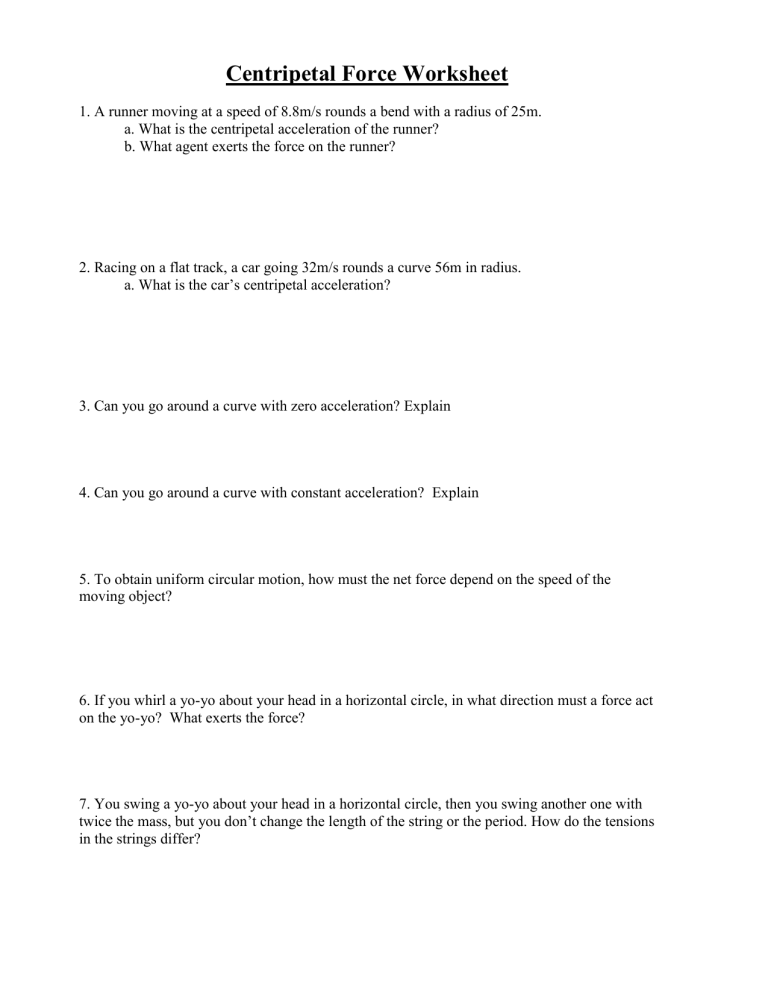 Centripetal Force Worksheet Practice Problems