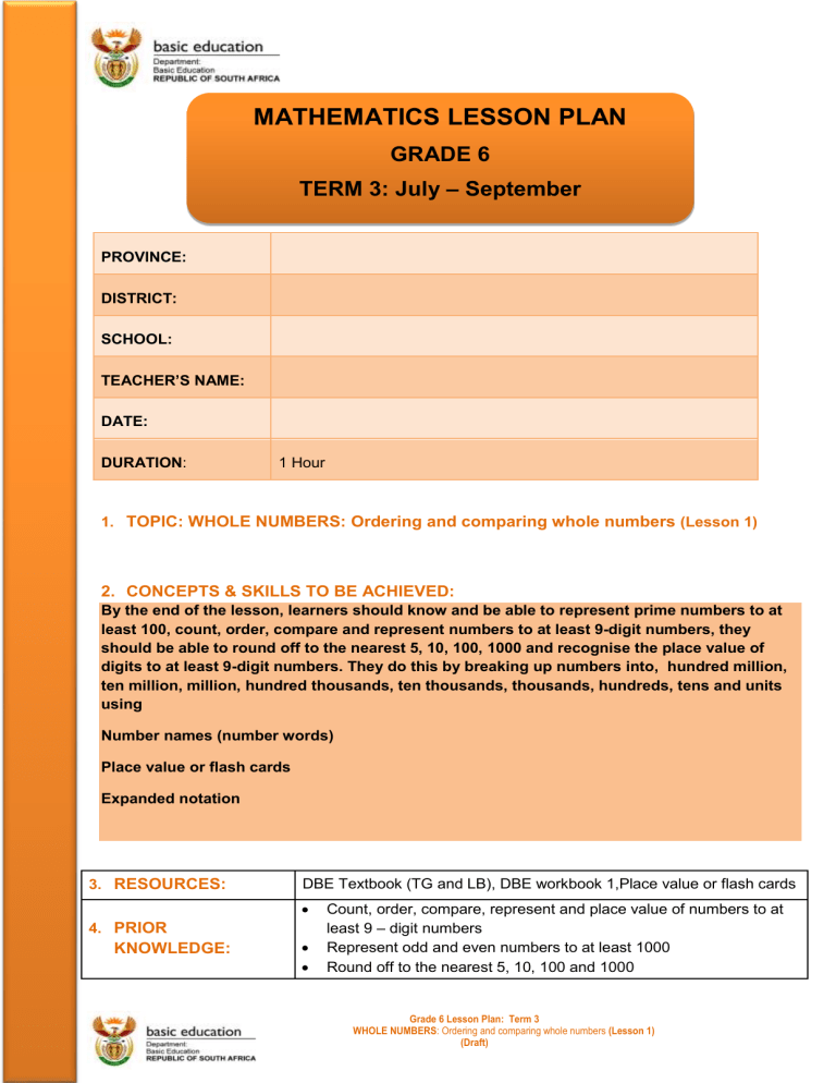 Grade 6 Term 3 WHOLE NUMBERS Lesson 1