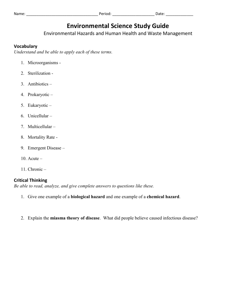 Environmental Science Study Guide: Hazards & Waste