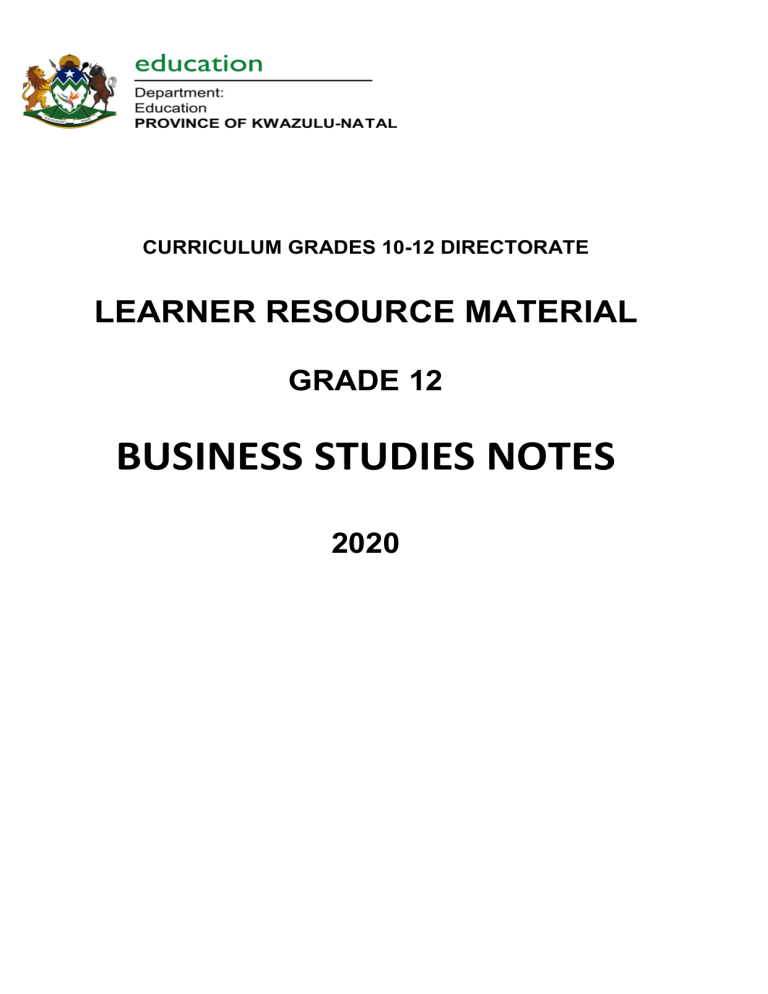 business studies grade 12 presentation and data response notes pdf