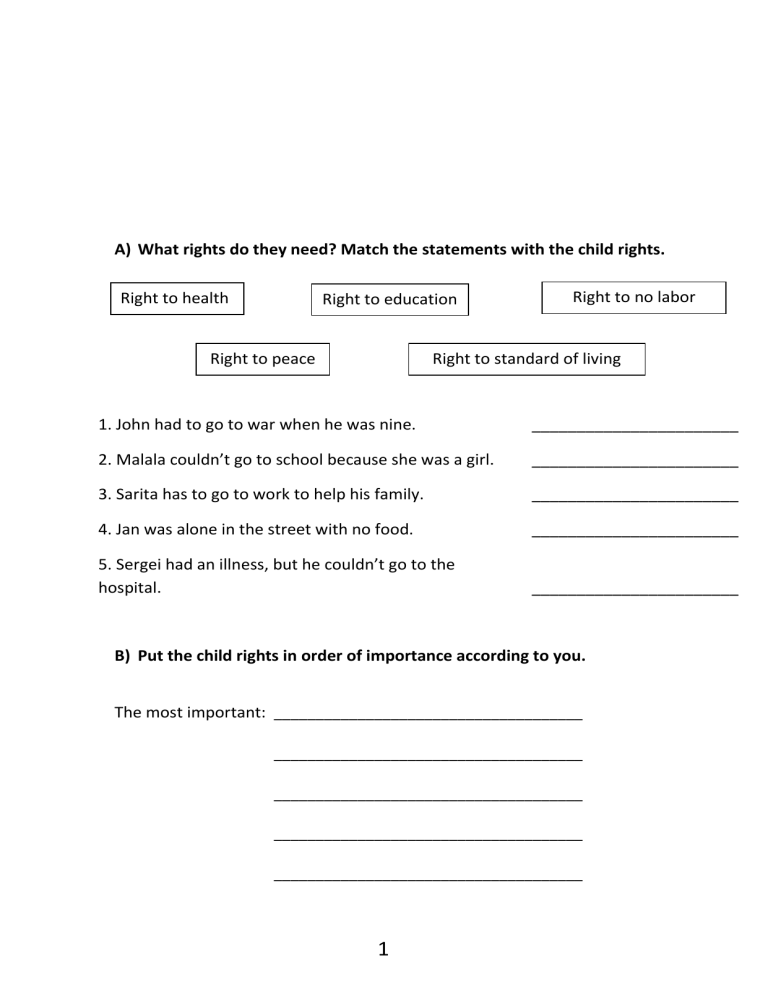 Children's Rights Worksheet: Matching & Prioritizing