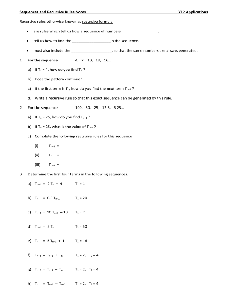 Sequences and Recursive Rules Worksheet