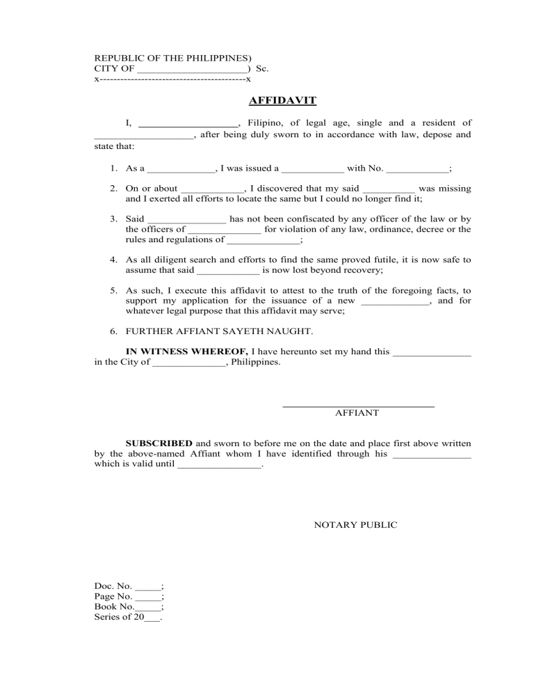 Affidavit Of Loss General Form 4102