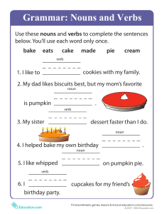 Nouns and Verbs Grammar Worksheet for Elementary School