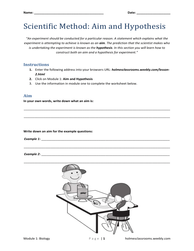 Scientific Method: Aim and Hypothesis Worksheet