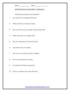 Writing Equations Worksheet - Algebra Practice