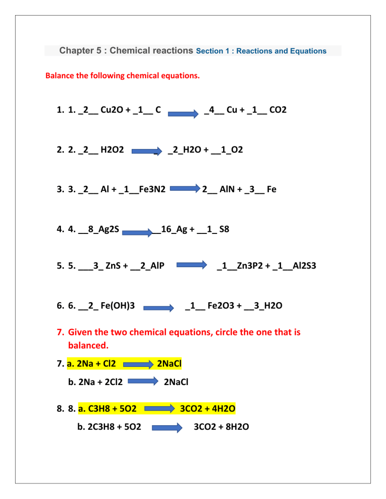 Worksheet Balancing Chemical Reactions