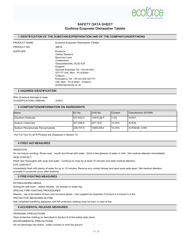 MSDS Ecoforce Dishwasher Tablets