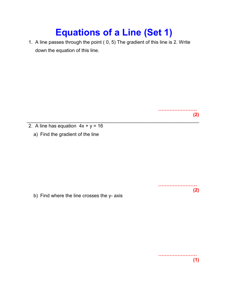 Equation of a Line (Maths Worksheet Year 8)