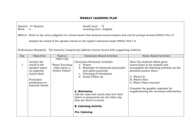 Quarter 4 Weekly Learning Plan Week 4 In English 9 5102