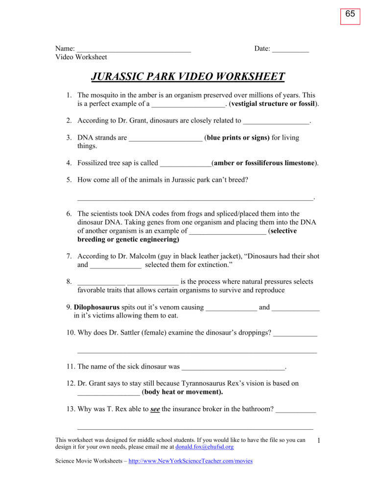 Jurassic Park Worksheet