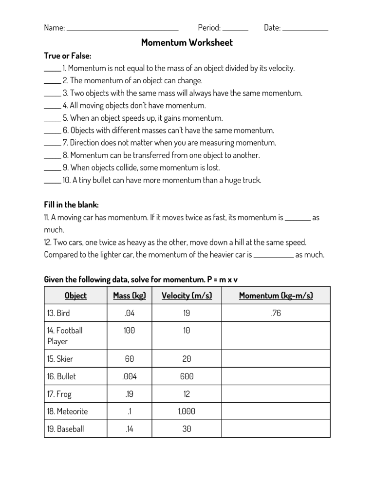 momentum-worksheet