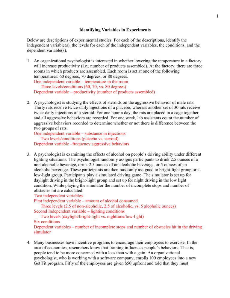 Identifying Independent and Dependent Variables worksheet