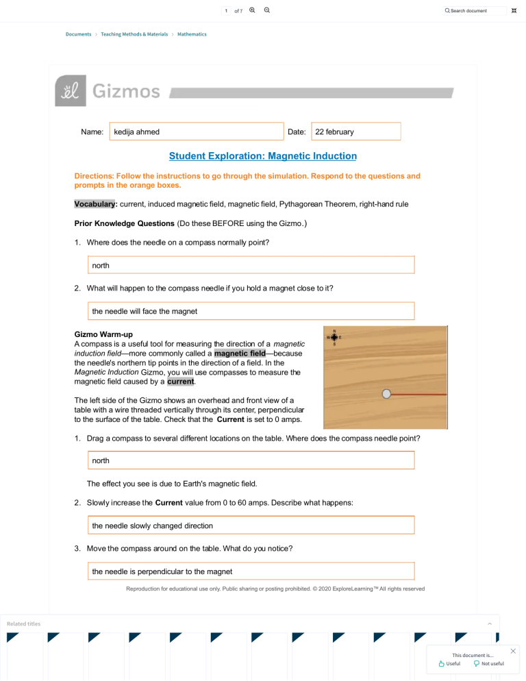 Gizmos Induction PDF Physics Geometry