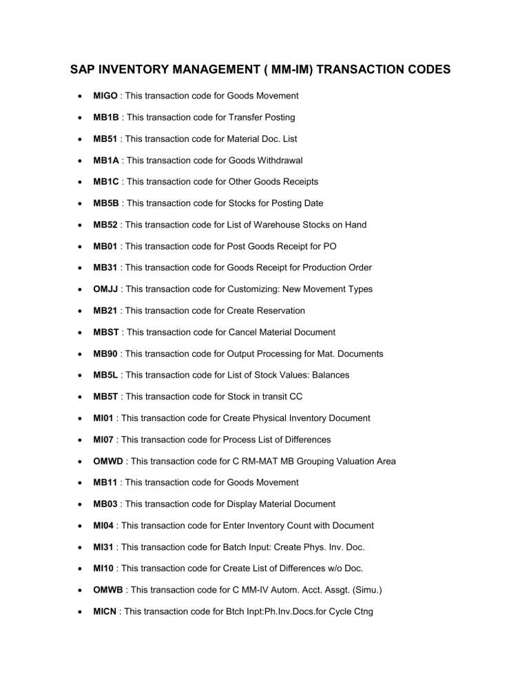 Sap Inventory Report Transaction Codes