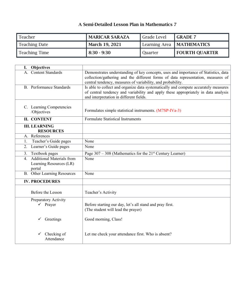 Semi-Detailed Lesson Plan