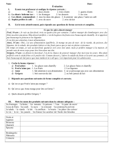 Exercice d'évaluation de français : alimentation et grammaire