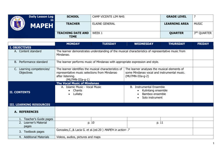 DLL MAPEH7 3rd quarter