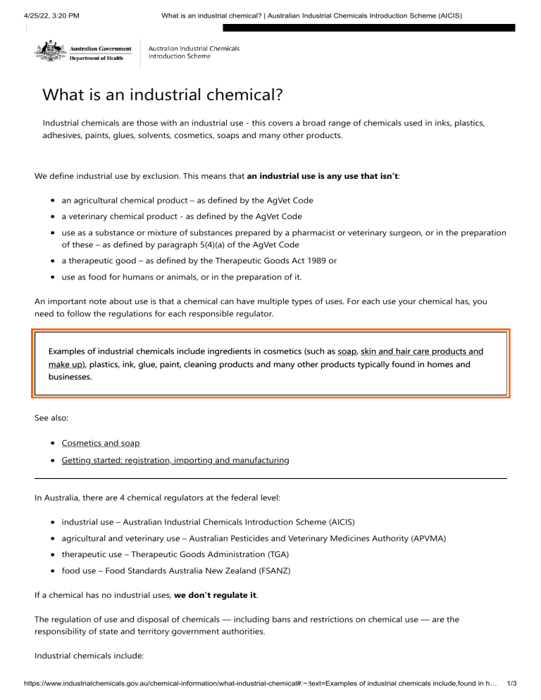 Form Inci What is an Industrial Chemical? AICIS Definition