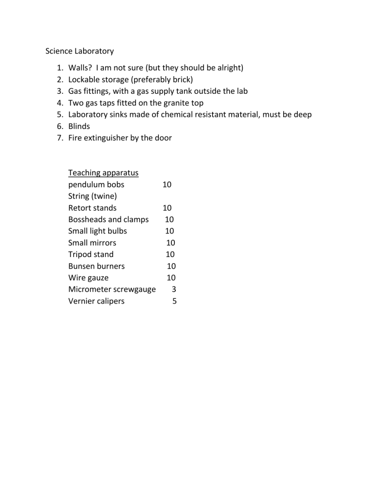 Science Laboratory requirements