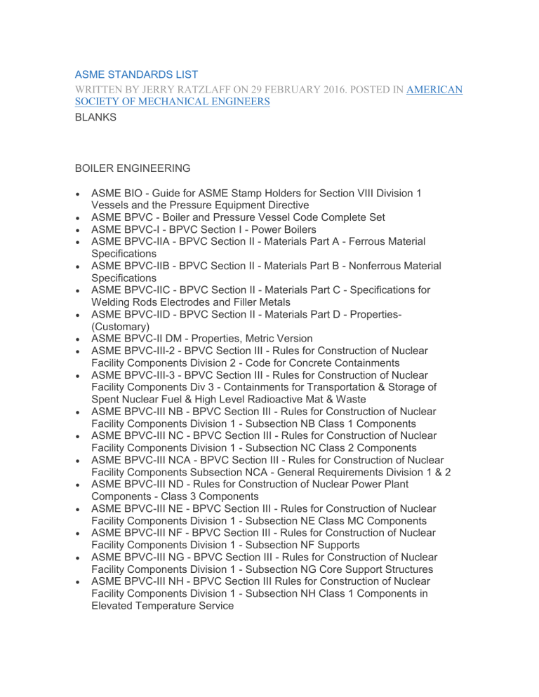 ASME STANDARDS LIST