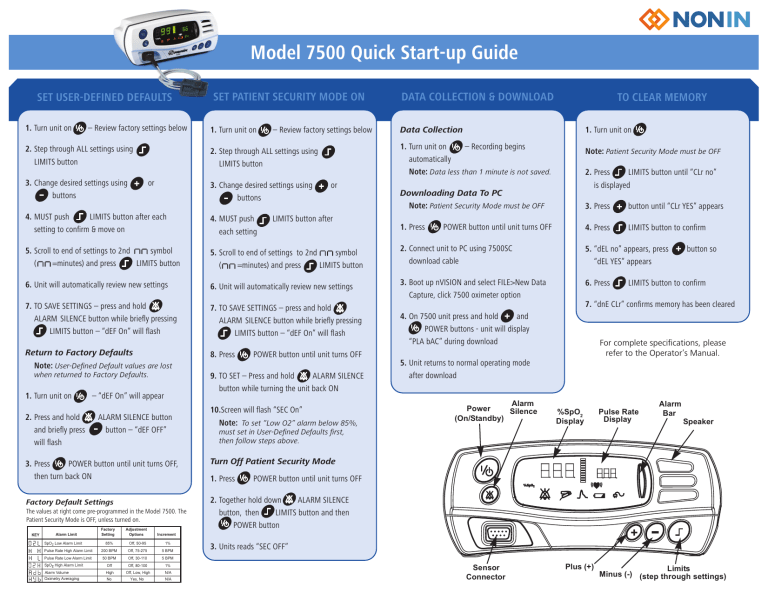 Nonin 7500 Pulse Oximeter Quick Startup Guide