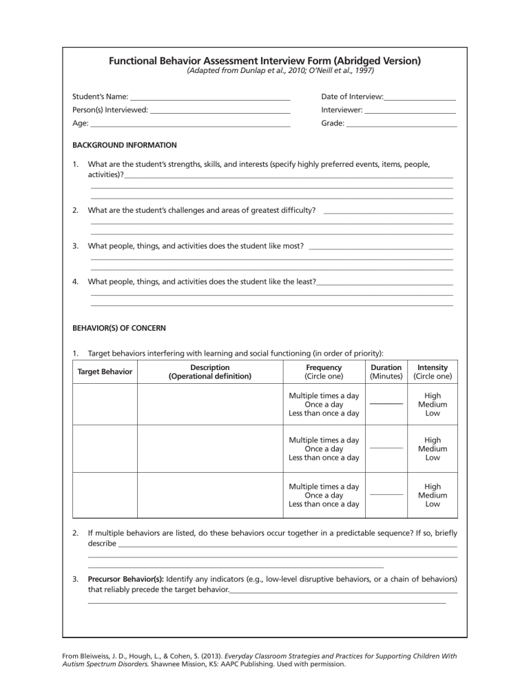 Functional Behavior Assessment Interview Form